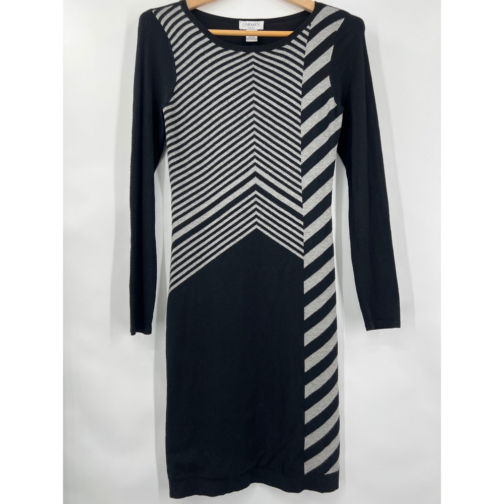 Carmen Marc Valvo Women's S Midi Sweater Dress Geometric Bodycon Long Sleeve